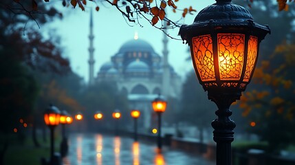 Illuminated lantern and mosque in misty autumn.