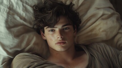 Young man with tousled hair lying on bed, looking at camera.