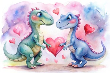 Fototapeta premium Dino Valentine's Day Love - Two cute dinosaurs, a green one and a blue one, exchanging hearts, symbolizing love, romance, friendship, affection, and Valentine's Day.
