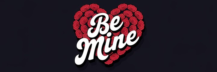 A creative minimalist Valentine's Day poster design with a retro dark theme. There is a large heart made of red roses. The heart is made of multiple layers, with the innermost layer being the darkest 