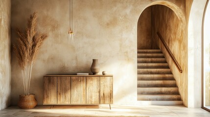 Rustic Wooden Console in a Sunlit Mediterranean Entryway