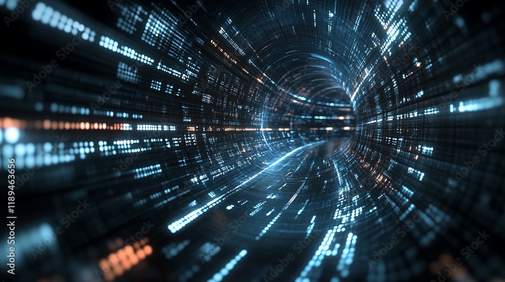 Poster abstract digital tunnel with glowing data streams.