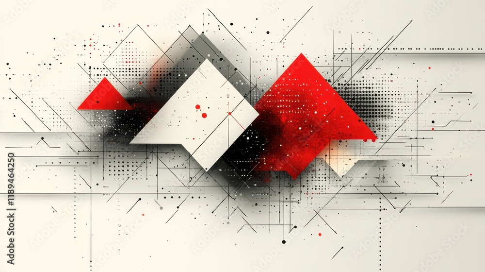 Poster abstract geometric design with red and black shapes and digital elements.