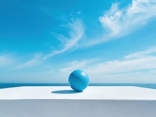 a blue sphere sits on a white surface with a blue sky and ocean in the background