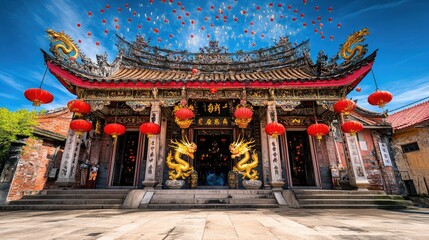 Naklejka premium Traditional Temple Decorated with Red Lanterns and Dragon Ornaments Beneath a Clear Blue Sky