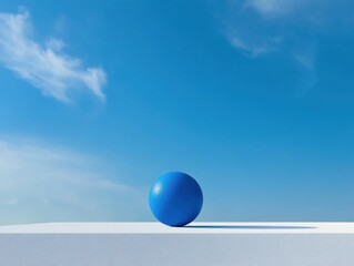a blue ball on a white surface with a blue sky background