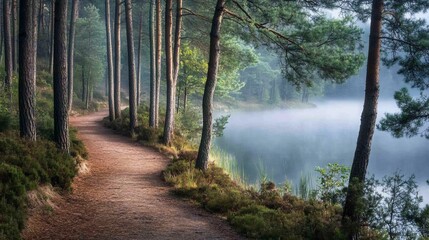 Obraz premium Misty morning path winding by tranquil lake in pine forest.