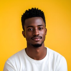Obraz premium Portrait of a young man smiling against a bright yellow background in a casual setting
