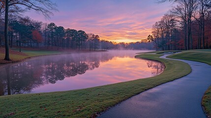 Serene sunrise over calm lake with fog, reflecting colorful sky on tranquil water. Winding path beside.