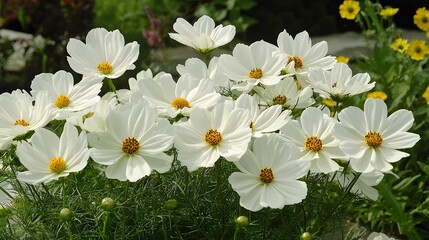 Fototapeta premium White cosmos flowers blooming in a vibrant garden during summer afternoons