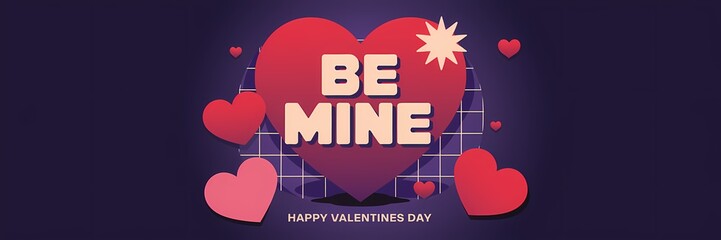 A creative minimalist Valentines Day poster design with a retro dark theme. The design features a large heart with the text "Be Mine". There are also smaller hearts and the text "Happy Valentines Day"