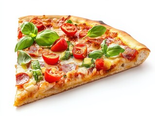 a slice of pizza with tomatoes, basil, and other toppings