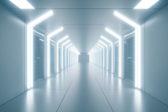 long corridor of modern data center with rows of illuminated servers on both sides under bright white lights