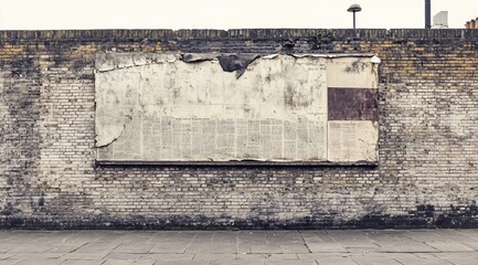 Torn poster on weathered brick wall.