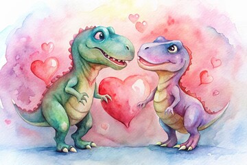 Fototapeta premium Cute T-Rex Couple Valentine's Day - Adorable watercolor painting of two T-Rex dinosaurs, one green and one purple, sharing a heart. Symbolizing love, Valentine's Day, friendship, tenderness, and affec