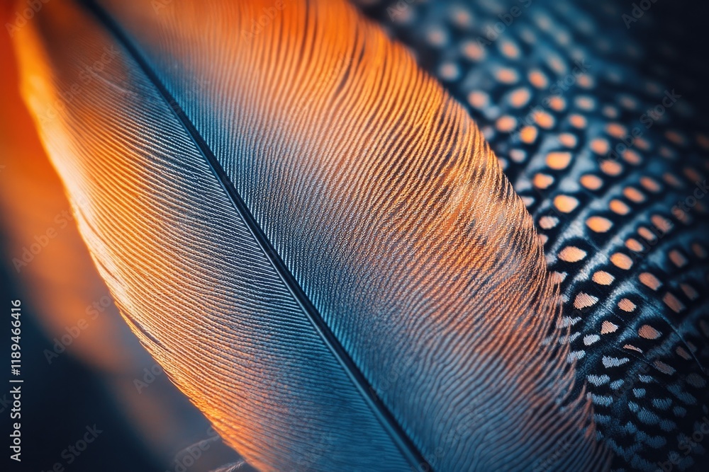 Poster macro image of bird feather with intricate patterns and vibrant colors displayed under soft light
