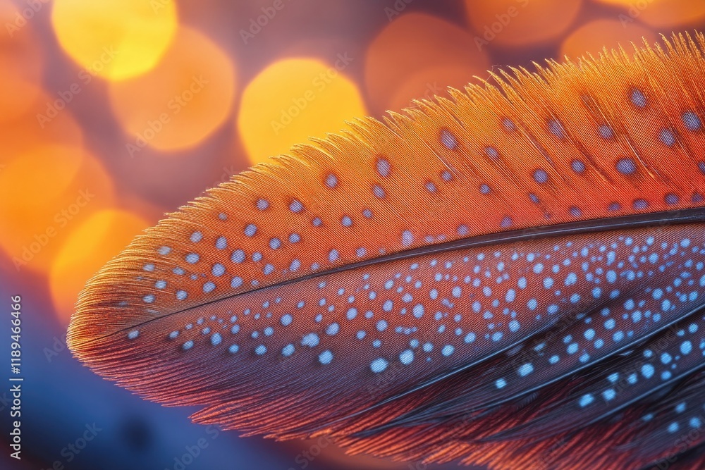 Poster macro image of bird feather with intricate patterns and vibrant colors displayed under soft light