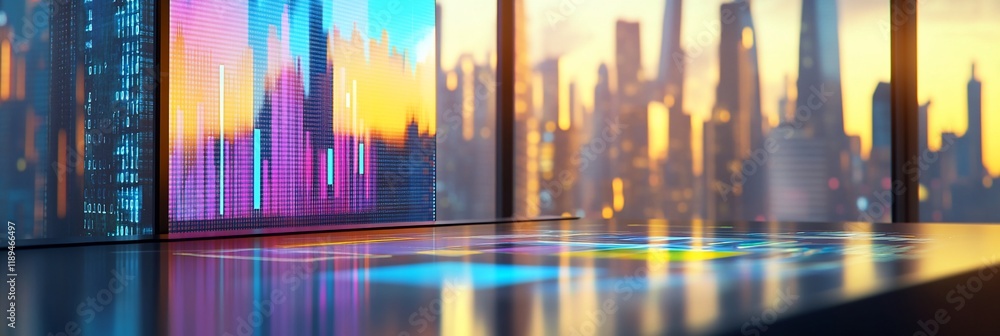 Poster futuristic cityscape view with vibrant data visualizations displayed on a screen.