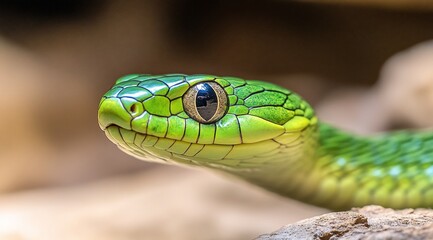 Close-up of a vibrant green snake's head, showcasing its scales and eye detail.