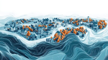 This visual shows how rising sea levels could impact coastal towns, highlighting submerged areas and landscape changes while emphasizing urgent climate concerns