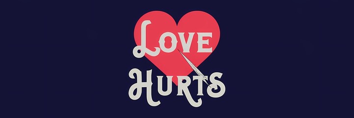 A creative minimalist Valentine's Day poster with a retro dark theme. There is a red heart with a white outline. The heart is pierced by a sharp object, symbolizing the pain of love. 