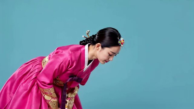 Korean Woman in Pink Hanbok Performing a Traditional Bow - Respectful and Elegant Asian Culture Video Footage - 4K Ultra HD