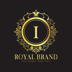 Letter Luxury brand logo design with a royal gold crown emblem and elegant typography
