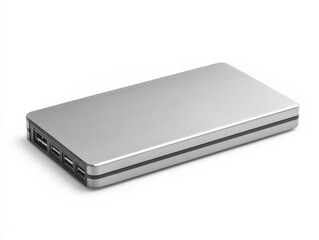 silver power bank with four usb ports isolated on white