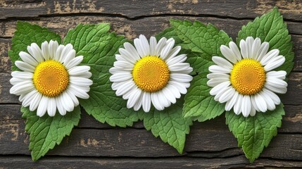 Obraz premium Three Daisies on Rustic Wooden Background for Nature-Themed Decor