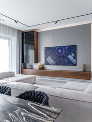 Interior of a private house, studio with kitchen.