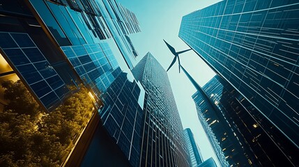 Low-angle view of skyscrapers with a wind turbine.