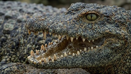 Obraz premium Detailed close up of a crocodiles teeth and rugged textured skin in earthy tones exuding power and resilience