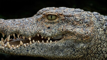Fototapeta premium Detailed close up of a crocodiles teeth and rugged textured skin in earthy tones exuding power and resilience