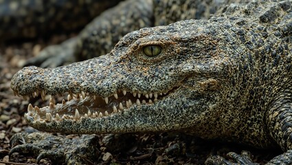 Fototapeta premium Detailed close up of a crocodiles teeth and rugged textured skin in earthy tones exuding power and resilience