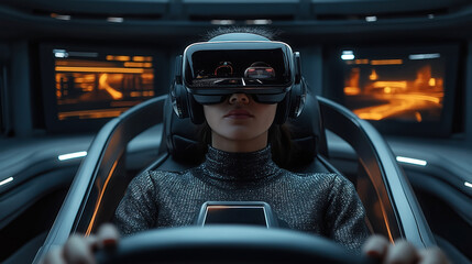 Woman wears VR headset. She sits in futuristic vehicle. Experiences simulated driving. Looks focused on digital displays. Modern tech. Innovative concept. Auto design. Future of transport.