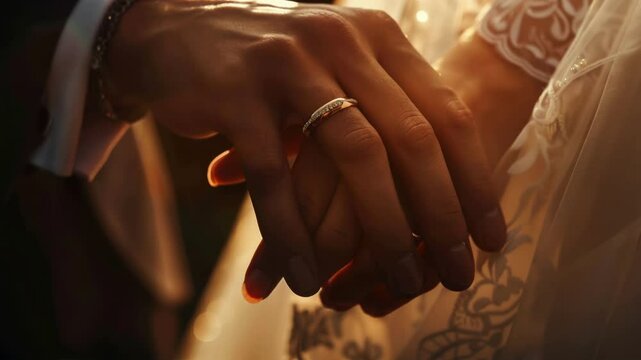 two left hands of newlyweds with wedding rings, close-up, realistic photo