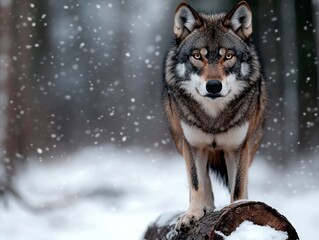 Fototapeta premium A wolf standing on top of a log in the snow