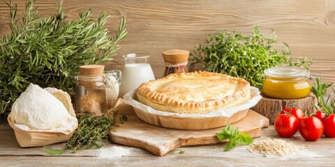Golden Savory Pie on Rustic Wooden Tabletop 34