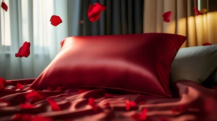 Red silk pillowcase on bed with rose petals.