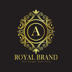 Letter Luxury brand logo design with a royal gold crown emblem and elegant typography
