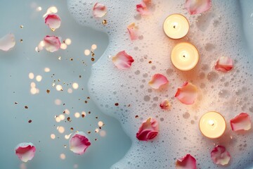 Naklejka premium A relaxing bath with rose petals, candles, and gold confetti