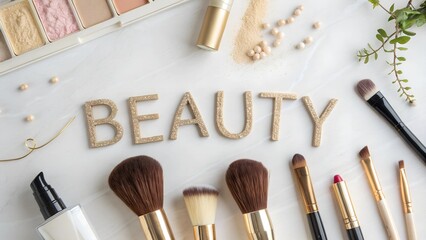 The word 'Beauty' is spelled out using makeup brushes and bottles, arranged in a minimalist, elegant design. The composition emphasizes simplicity and sophistication.