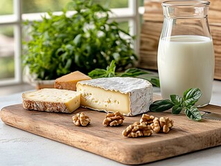 A wooden cutting board topped with cheese and walnuts next to a glass of milk