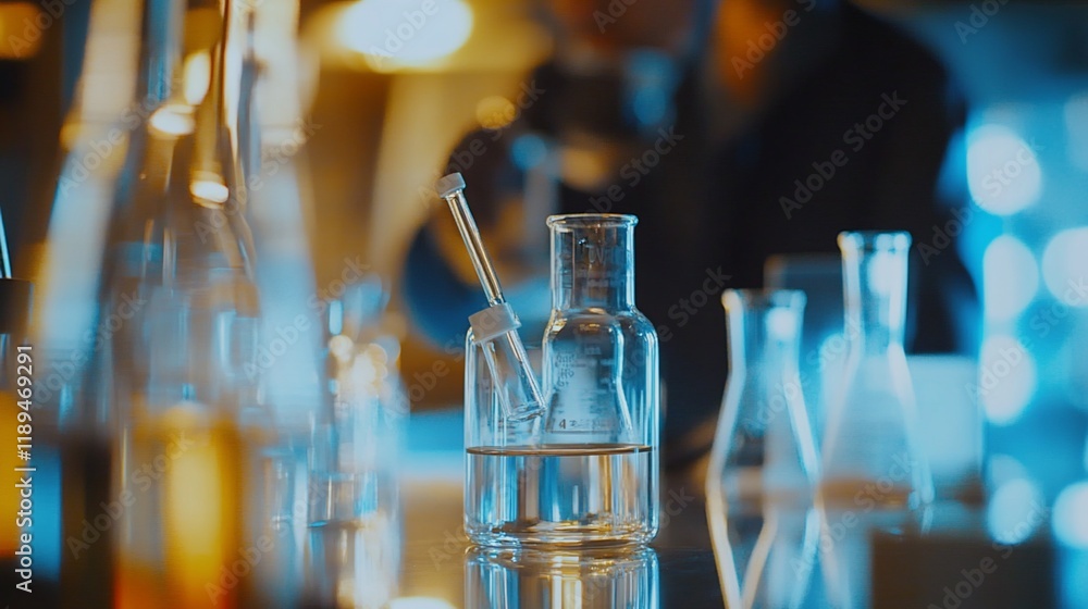 Poster scientist working in a lab with various glassware and liquids.