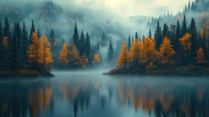 Misty autumn lake reflecting colorful trees and mountains.
