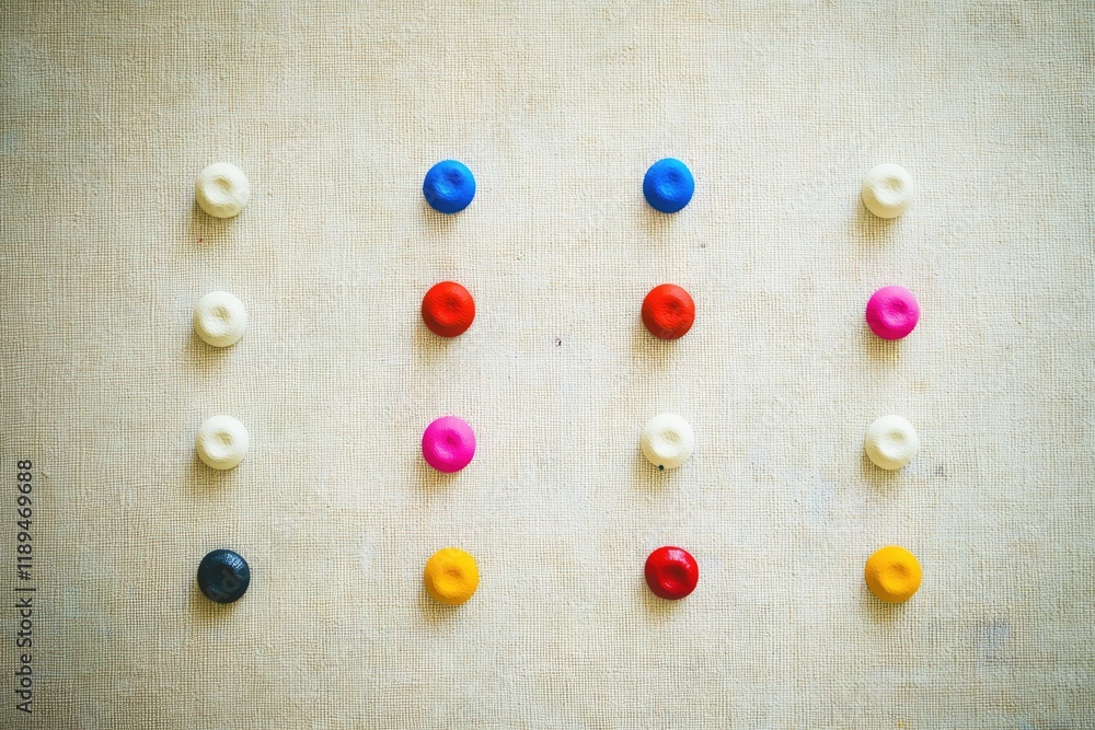 Poster minimalist flat lay of abstract paint dots in contrasting colors arranged symmetrically on textured 