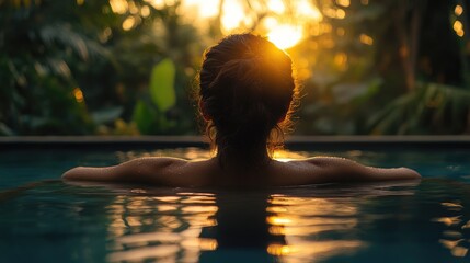 A serene sunset view with a person relaxing in a pool surrounded by lush greenery.