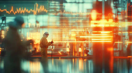 Bustling Industrial Energy Plant with Workers in Protective Gear and Dynamic Graphs Depicting Global Energy Price Trends in the Background
