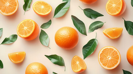 Fresh sunkist oranges on clean isolated background, accompanied by green leaves. Sunmist. Illustration