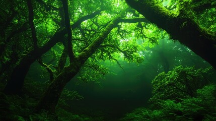 Obraz premium Dense Green Forest with Sunlight Filtering Through Canopy